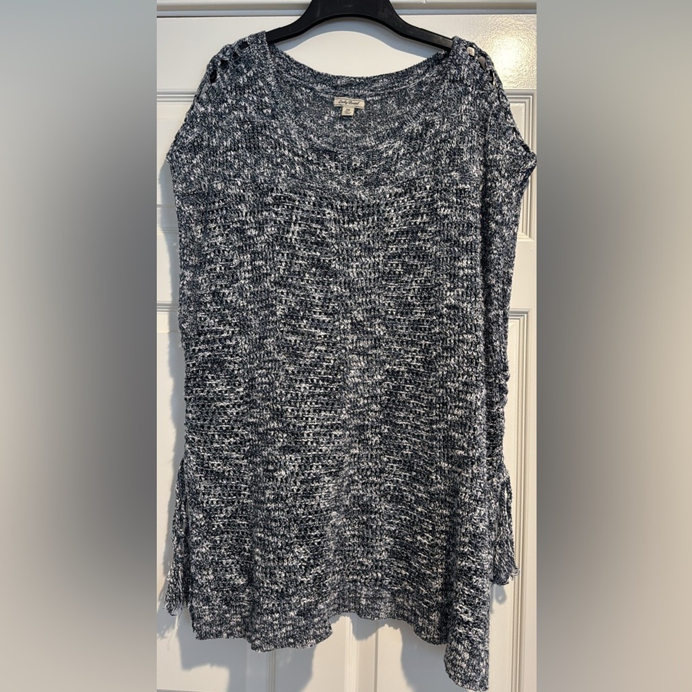 Lucky Brand open knit white and navy sleeveless top tunic lace up sides 2X